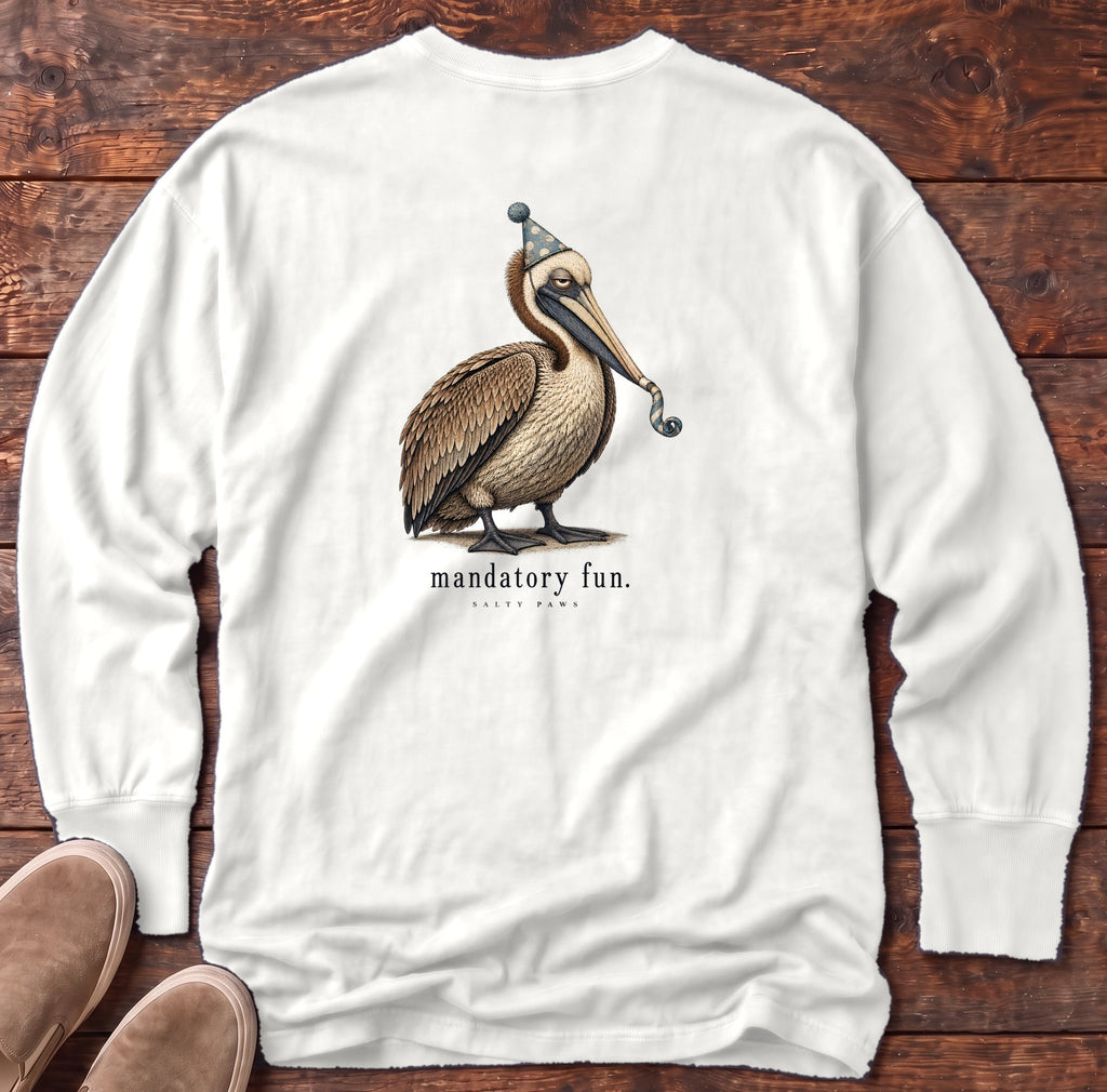 Mandatory Fun Pelican Back Design Long Sleeve Tee Comfort Colors in White, Salty Paws Comfort Colors Long Sleeve Tee, back design flat lay