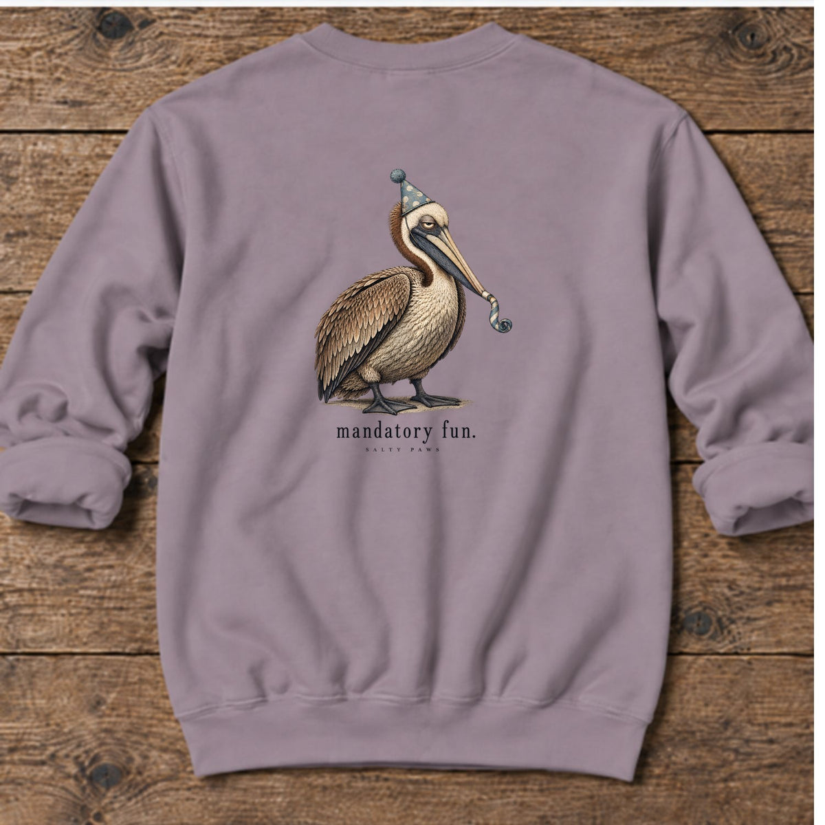 Mandatory Fun Pelican Back Design Midweight Sweatshirt in Paragon, Salty Paws Midweight Sweatshirt, back design flat lay