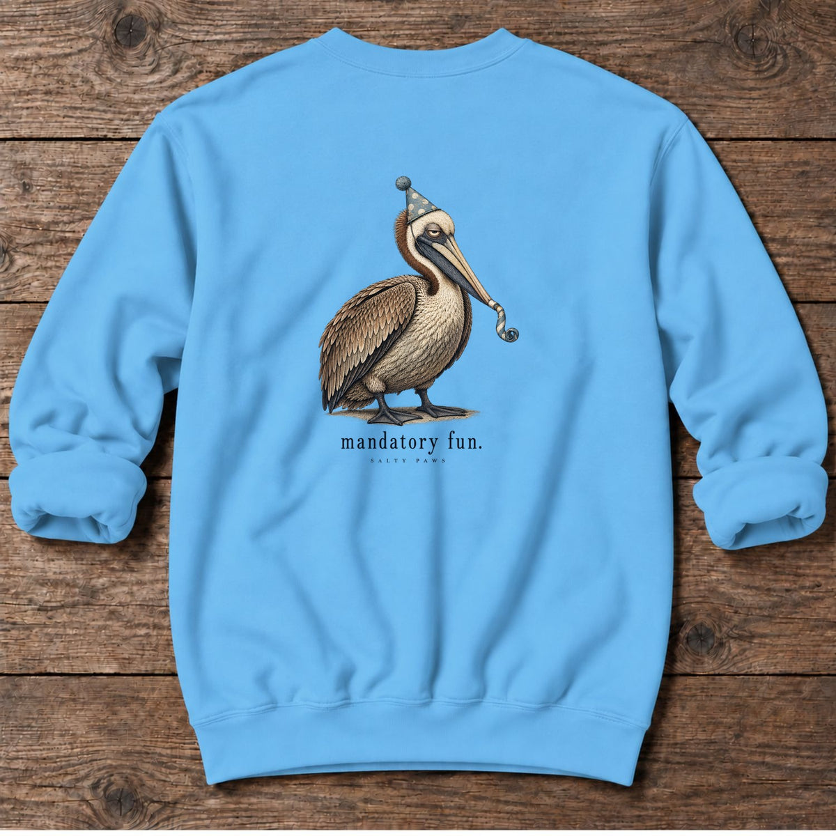 Mandatory Fun Pelican Back Design Midweight Sweatshirt in Sky, Salty Paws Midweight Sweatshirt, back design flat lay