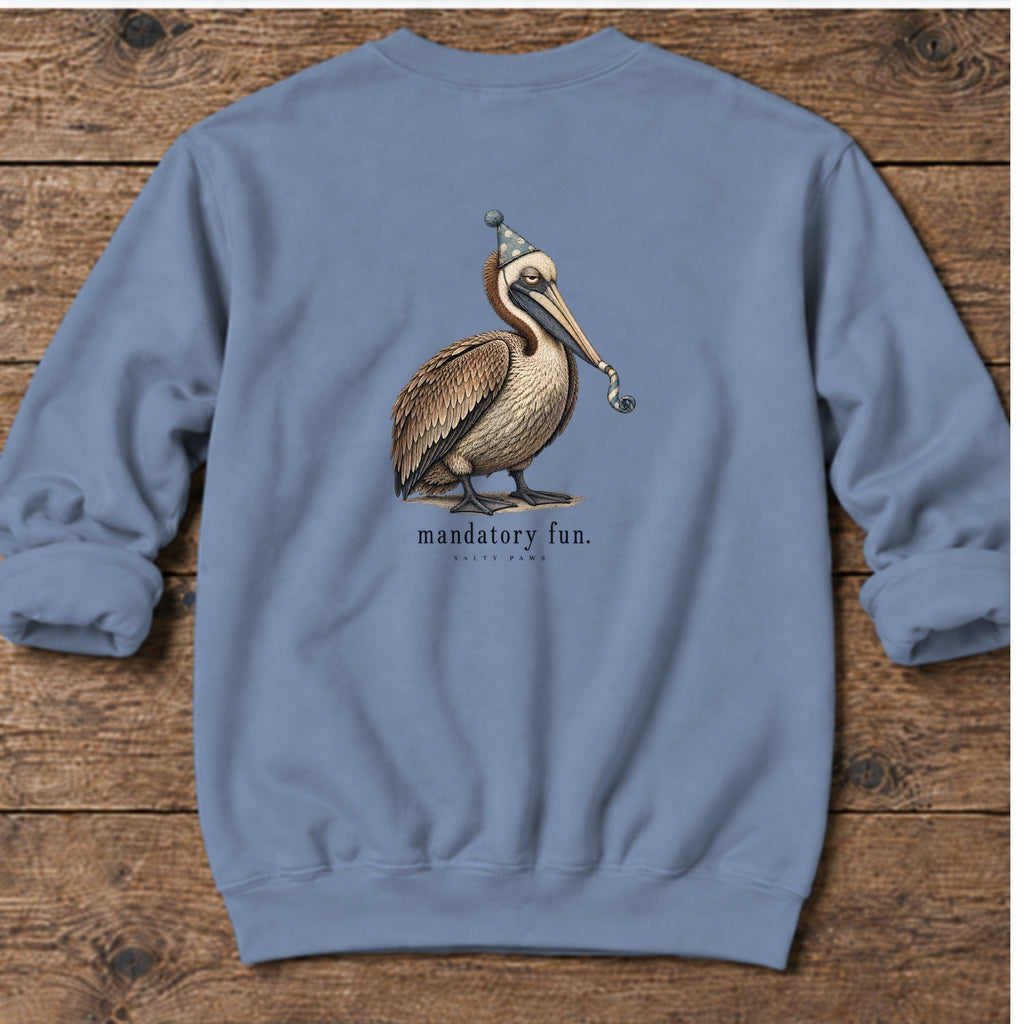 Mandatory Fun Pelican Back Design Midweight Sweatshirt in Stone Blue, Salty Paws Midweight Sweatshirt, back design flat lay