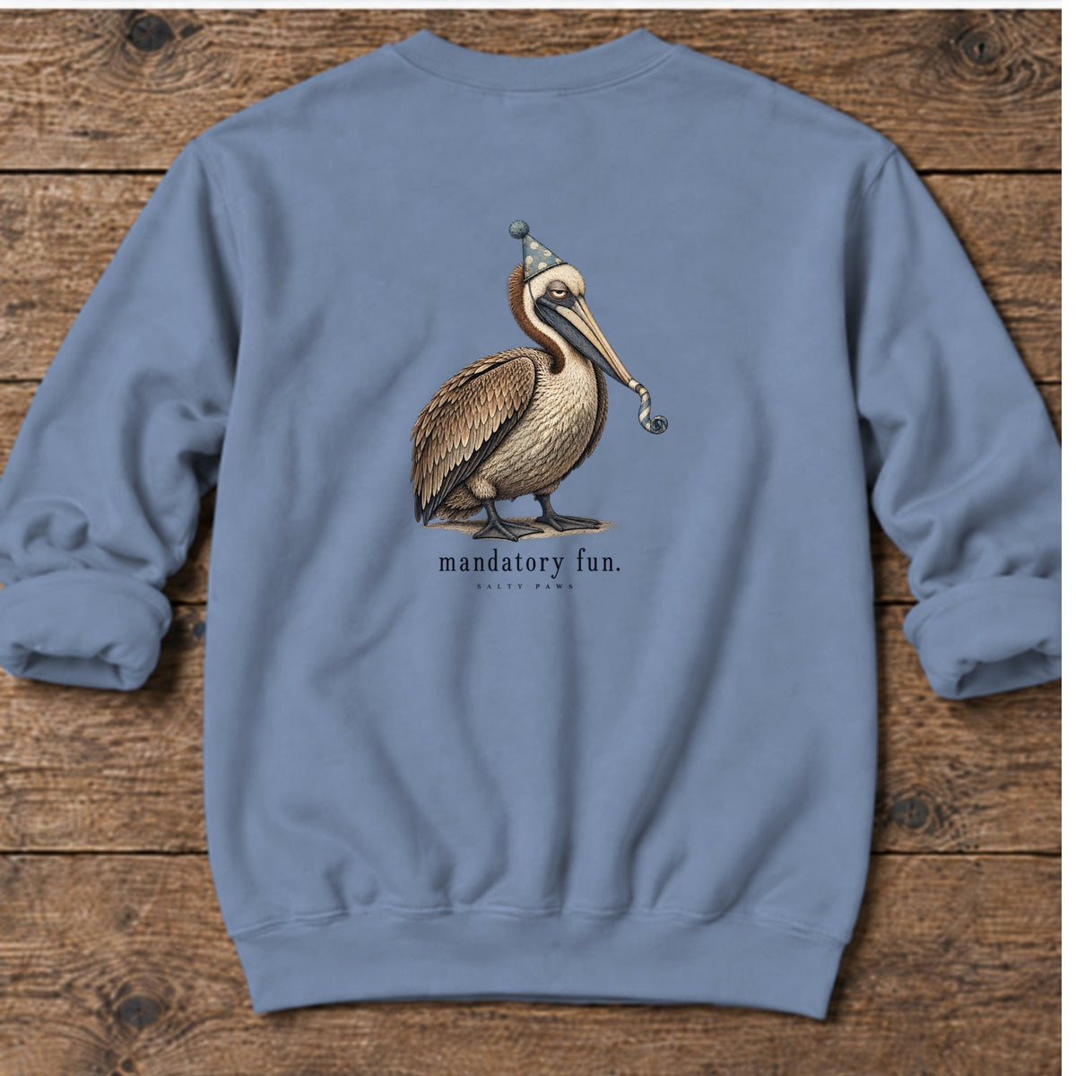 Mandatory Fun Pelican Back Design Midweight Sweatshirt in Stone Blue, Salty Paws Midweight Sweatshirt, back design flat lay