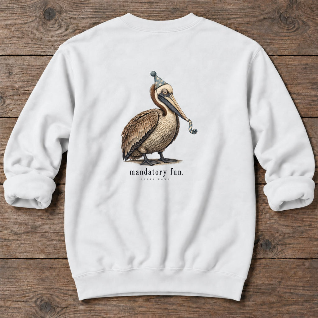 Mandatory Fun Pelican Back Design Midweight Sweatshirt in White, Salty Paws Midweight Sweatshirt, back design flat lay