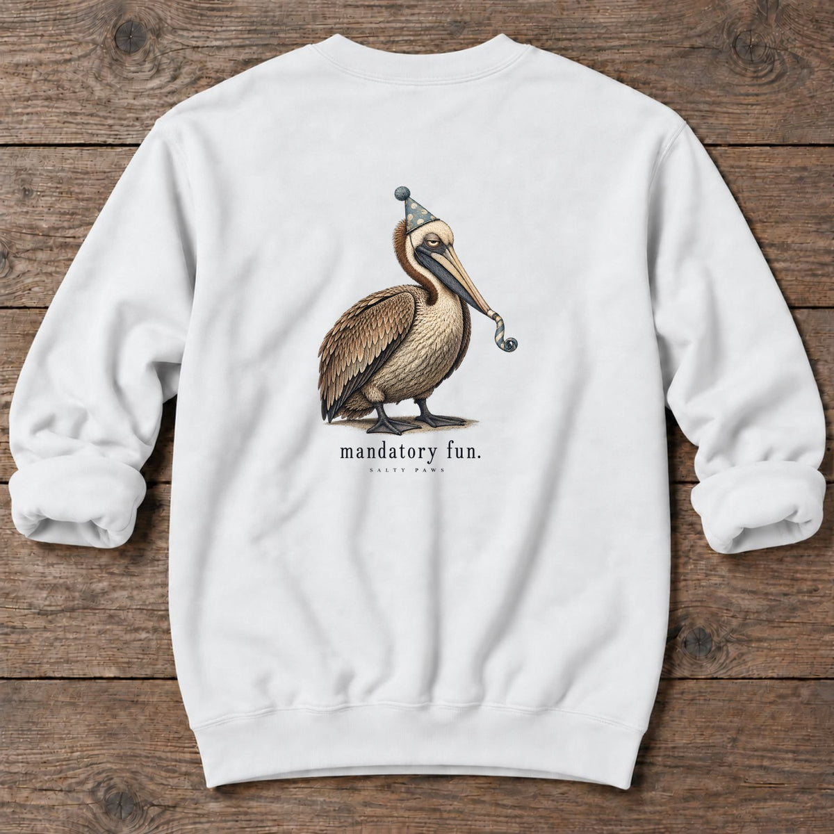 Mandatory Fun Pelican Back Design Midweight Sweatshirt in White, Salty Paws Midweight Sweatshirt, back design flat lay