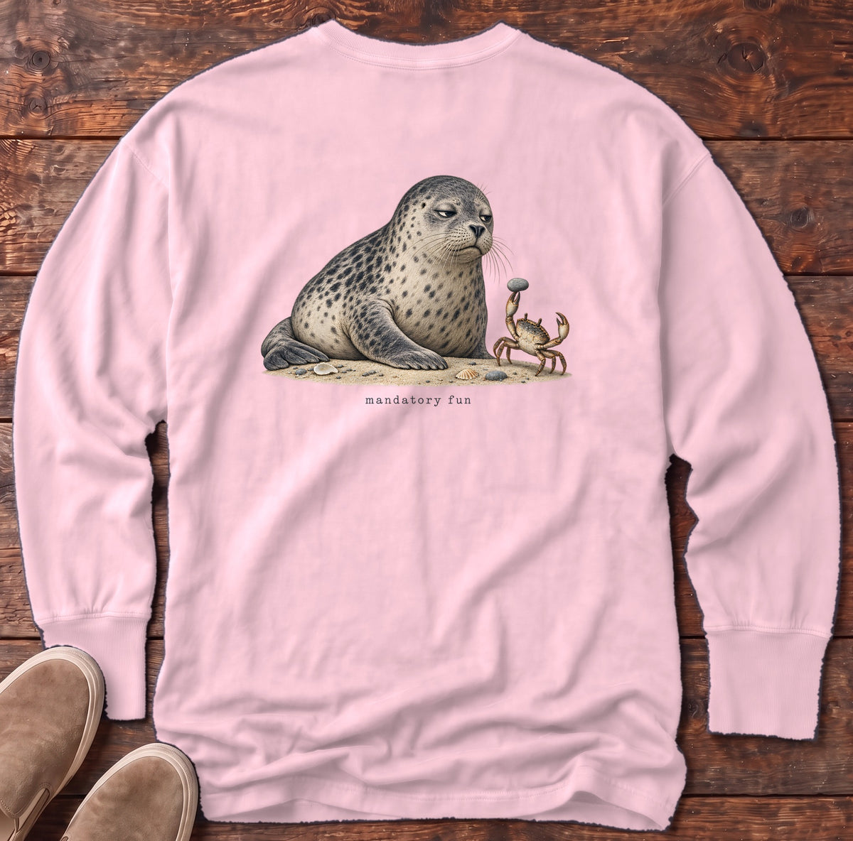 Mandatory Fun Seal Back Design Long Sleeve Tee Comfort Colors in Blossom, Salty Paws Comfort Colors Long Sleeve Tee, back design flat lay