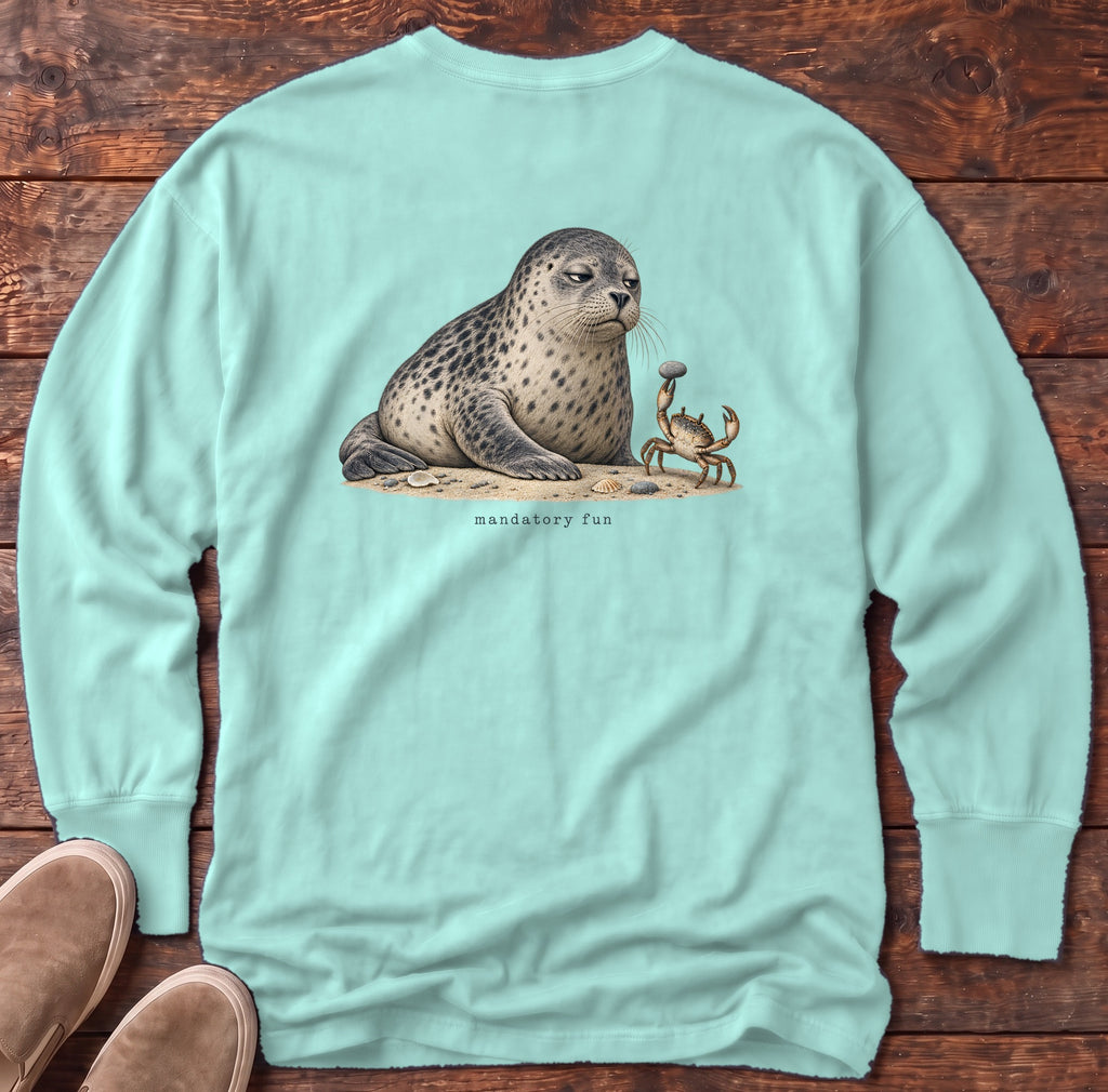 Mandatory Fun Seal Back Design Long Sleeve Tee Comfort Colors in Chalky Mint, Salty Paws Comfort Colors Long Sleeve Tee, back design flat lay