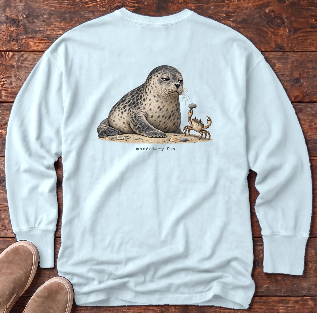 Mandatory Fun Seal Back Design Long Sleeve Tee Comfort Colors in Chambray, Salty Paws Comfort Colors Long Sleeve Tee, back design flat lay