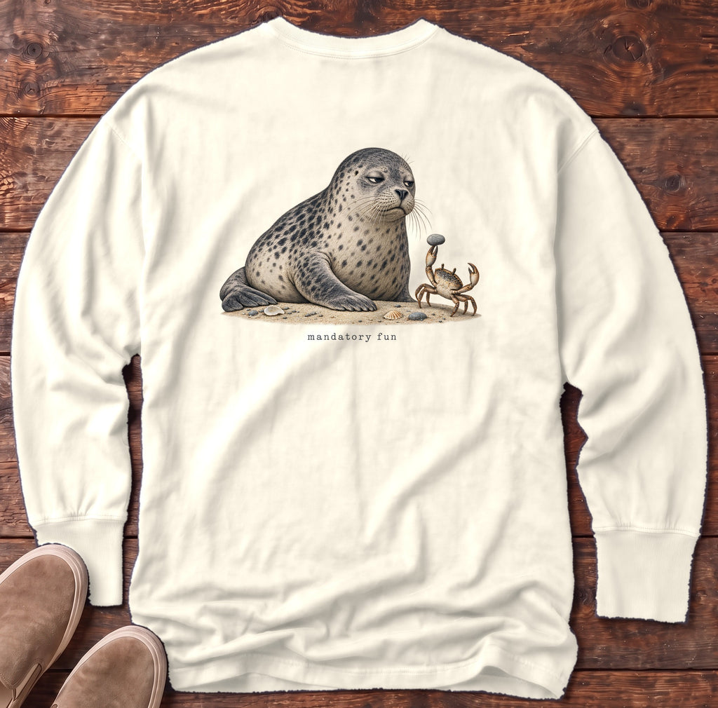 Mandatory Fun Seal Back Design Long Sleeve Tee Comfort Colors in Ivory, Salty Paws Comfort Colors Long Sleeve Tee, back design flat lay