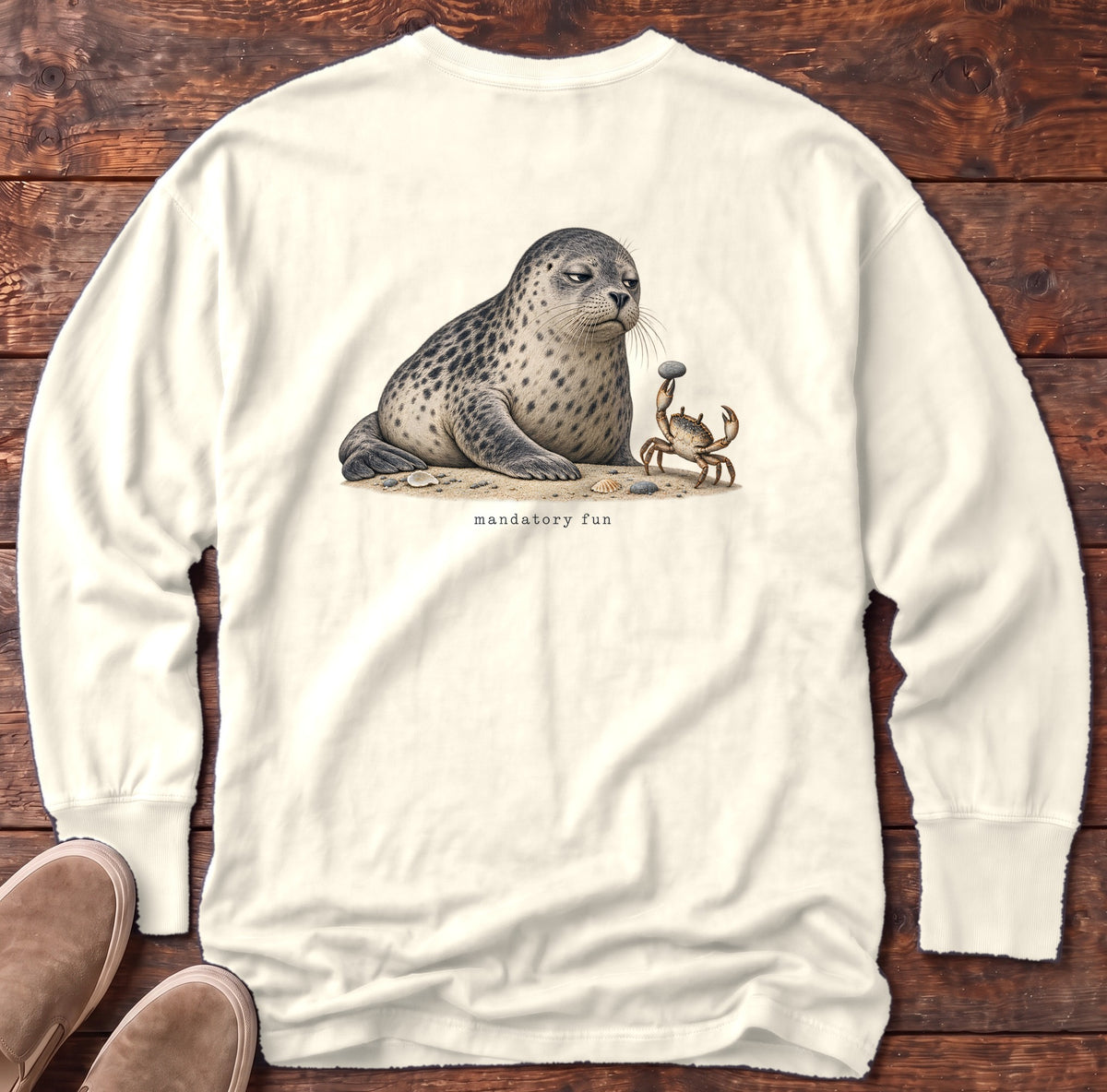 Mandatory Fun Seal Back Design Long Sleeve Tee Comfort Colors in Ivory, Salty Paws Comfort Colors Long Sleeve Tee, back design flat lay