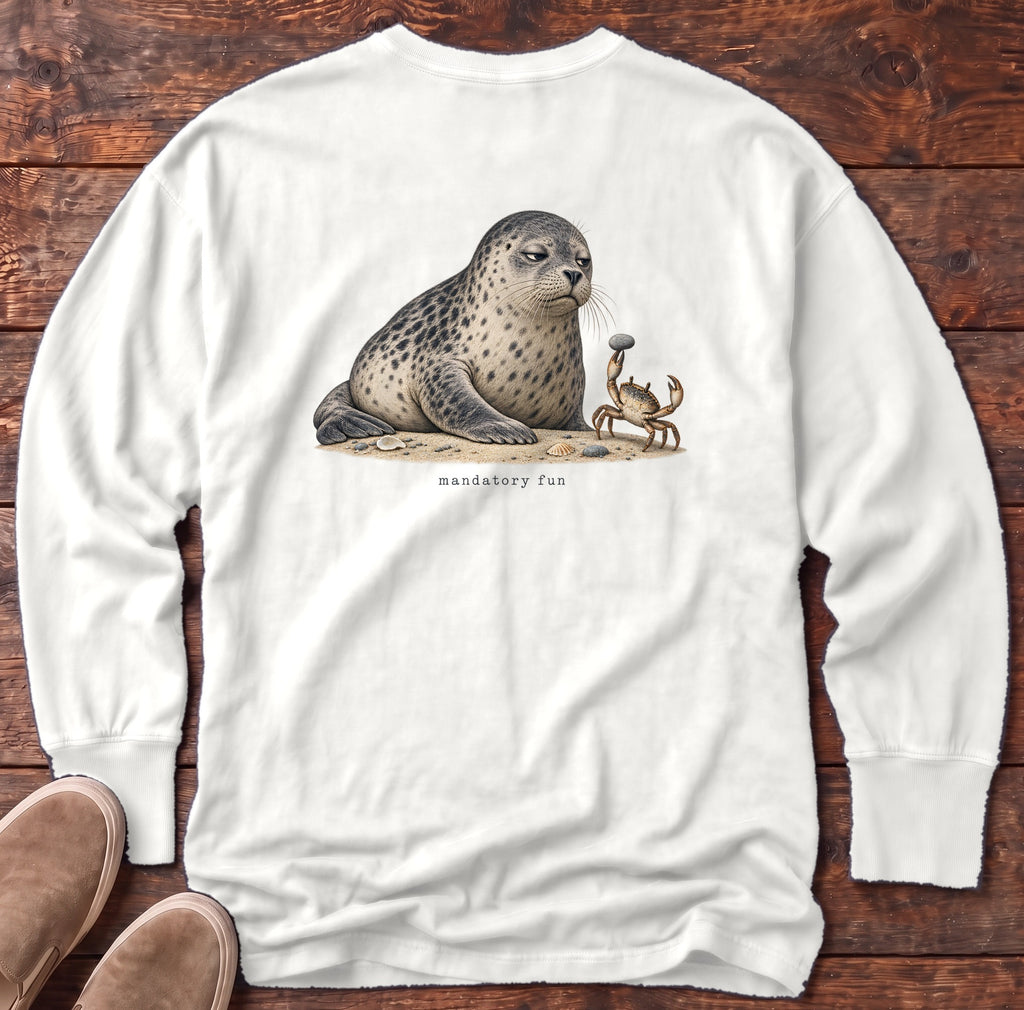 Mandatory Fun Seal Back Design Long Sleeve Tee Comfort Colors in White, Salty Paws Comfort Colors Long Sleeve Tee, back design flat lay