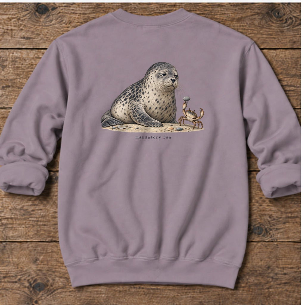 Mandatory Fun Seal Back Design Midweight Sweatshirt in Paragon, Salty Paws Midweight Sweatshirt, back design flat lay