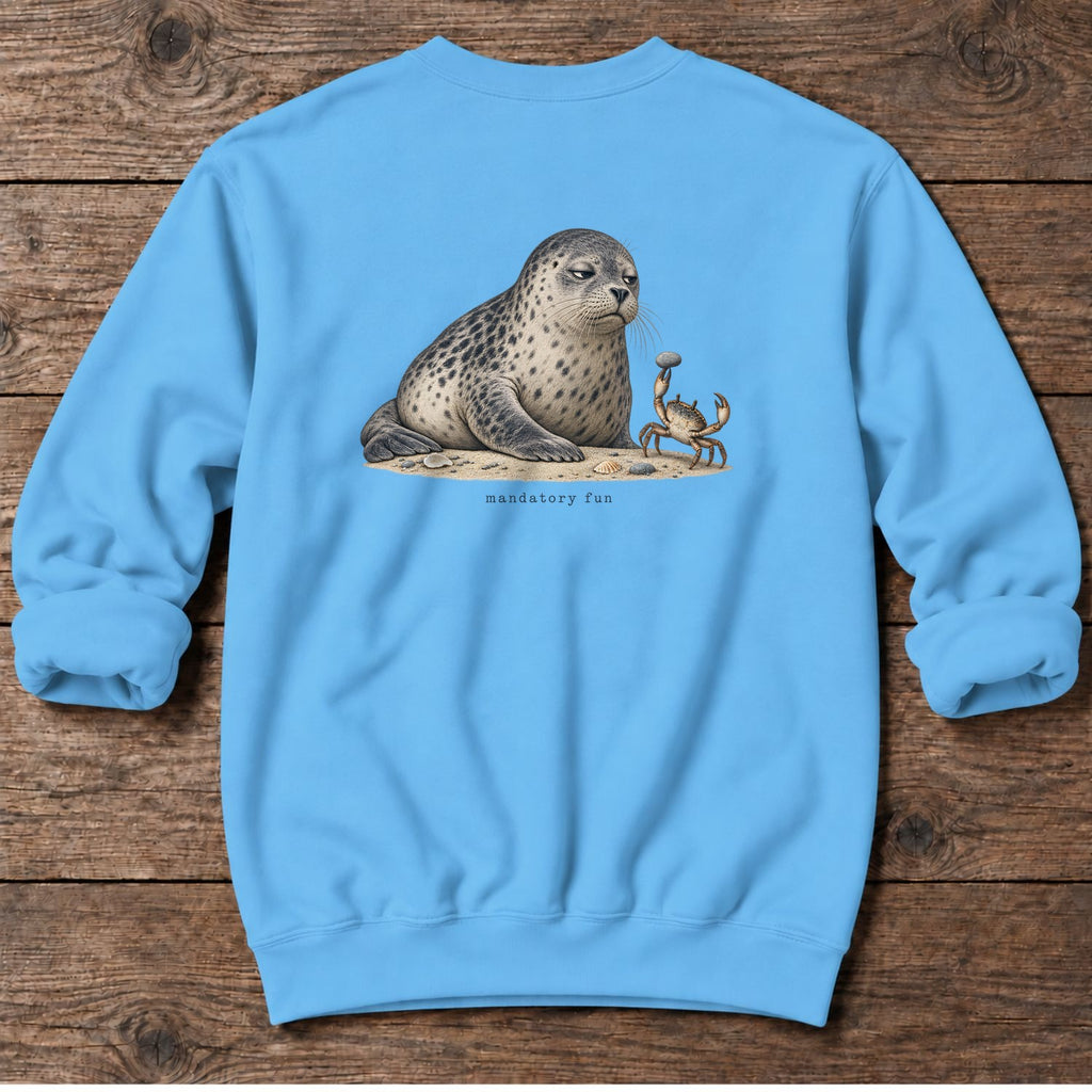 Mandatory Fun Seal Back Design Midweight Sweatshirt in Sky, Salty Paws Midweight Sweatshirt, back design flat lay