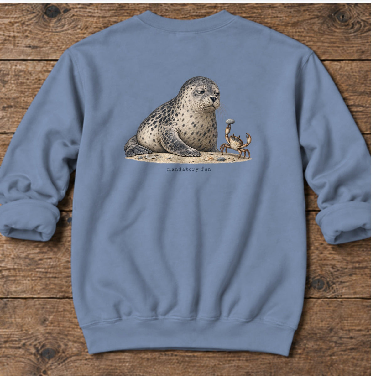 Mandatory Fun Seal Back Design Midweight Sweatshirt in Stone Blue, Salty Paws Midweight Sweatshirt, back design flat lay