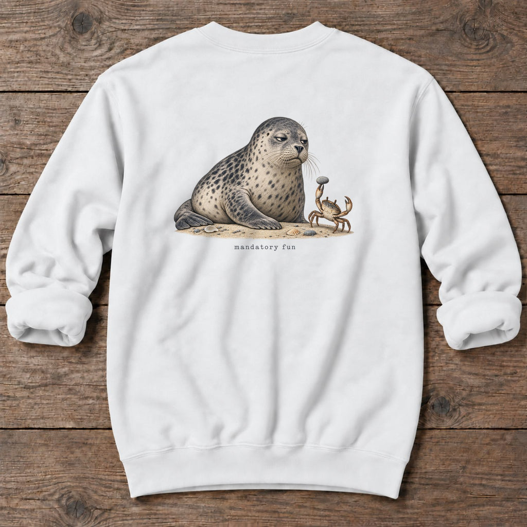 Mandatory Fun Seal Back Design Midweight Sweatshirt in White, Salty Paws Midweight Sweatshirt, back design flat lay