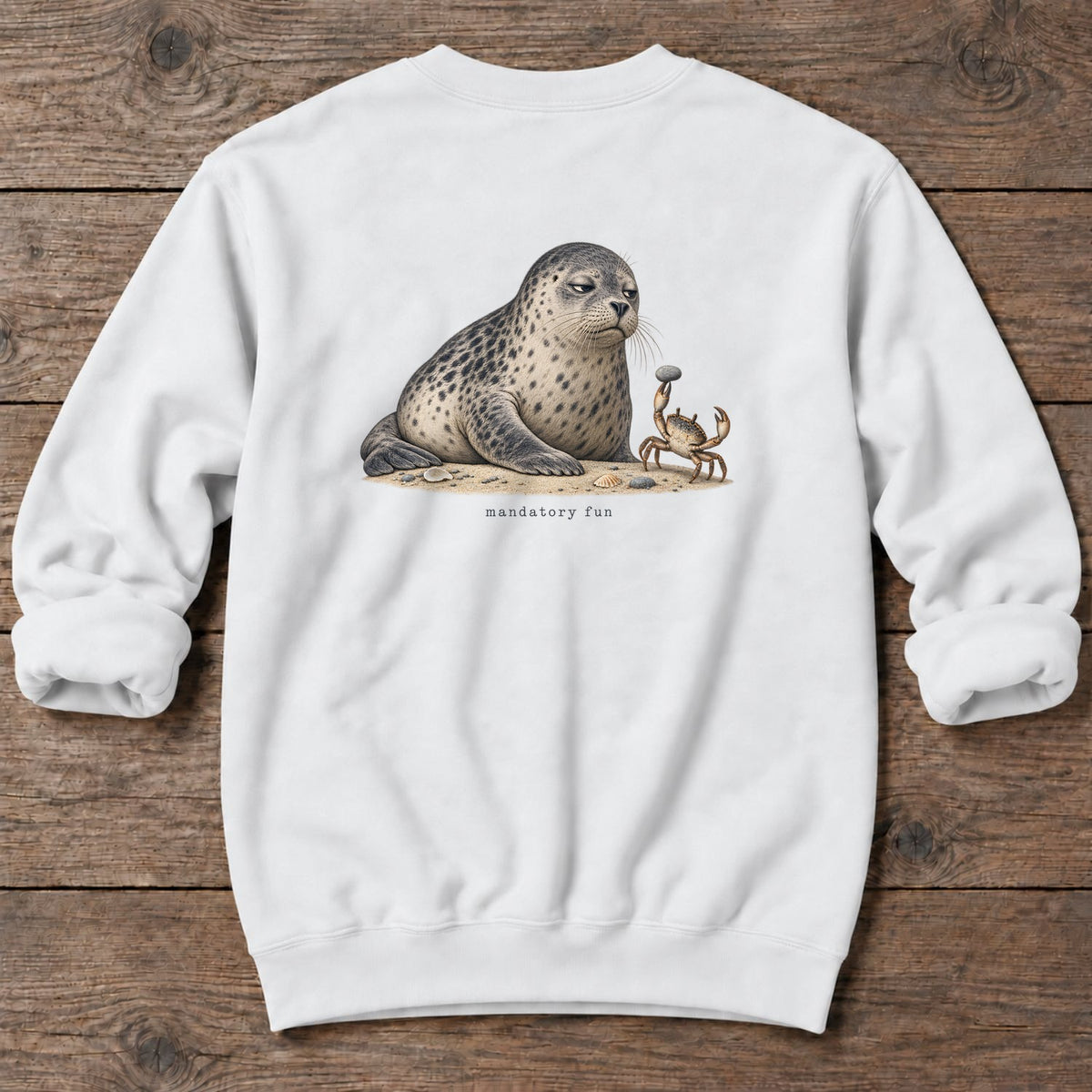 Mandatory Fun Seal Back Design Midweight Sweatshirt in White, Salty Paws Midweight Sweatshirt, back design flat lay