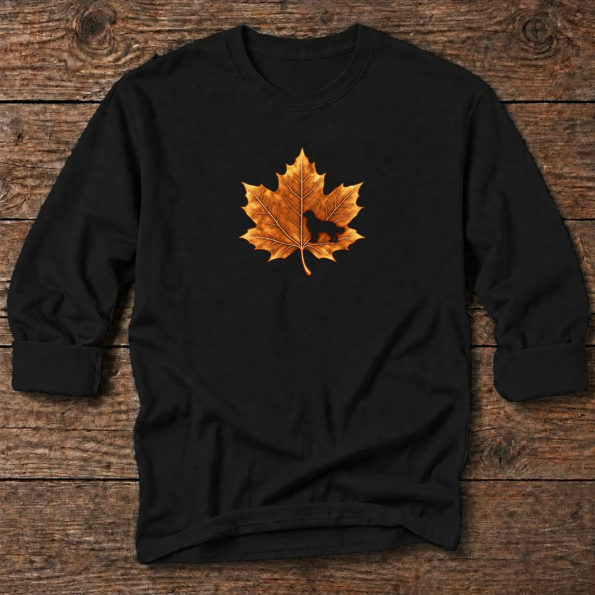 Maple Leaf Golden Retriever Long T-Shirt in Black, Salty Paws coastal long sleeve tee