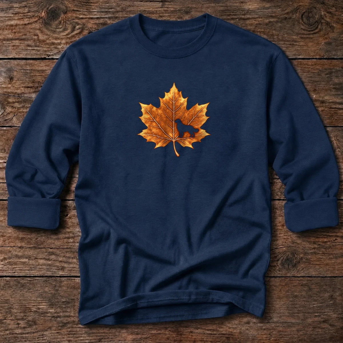 Maple Leaf Golden Retriever Long T-Shirt in Dark Navy, Salty Paws coastal long sleeve tee