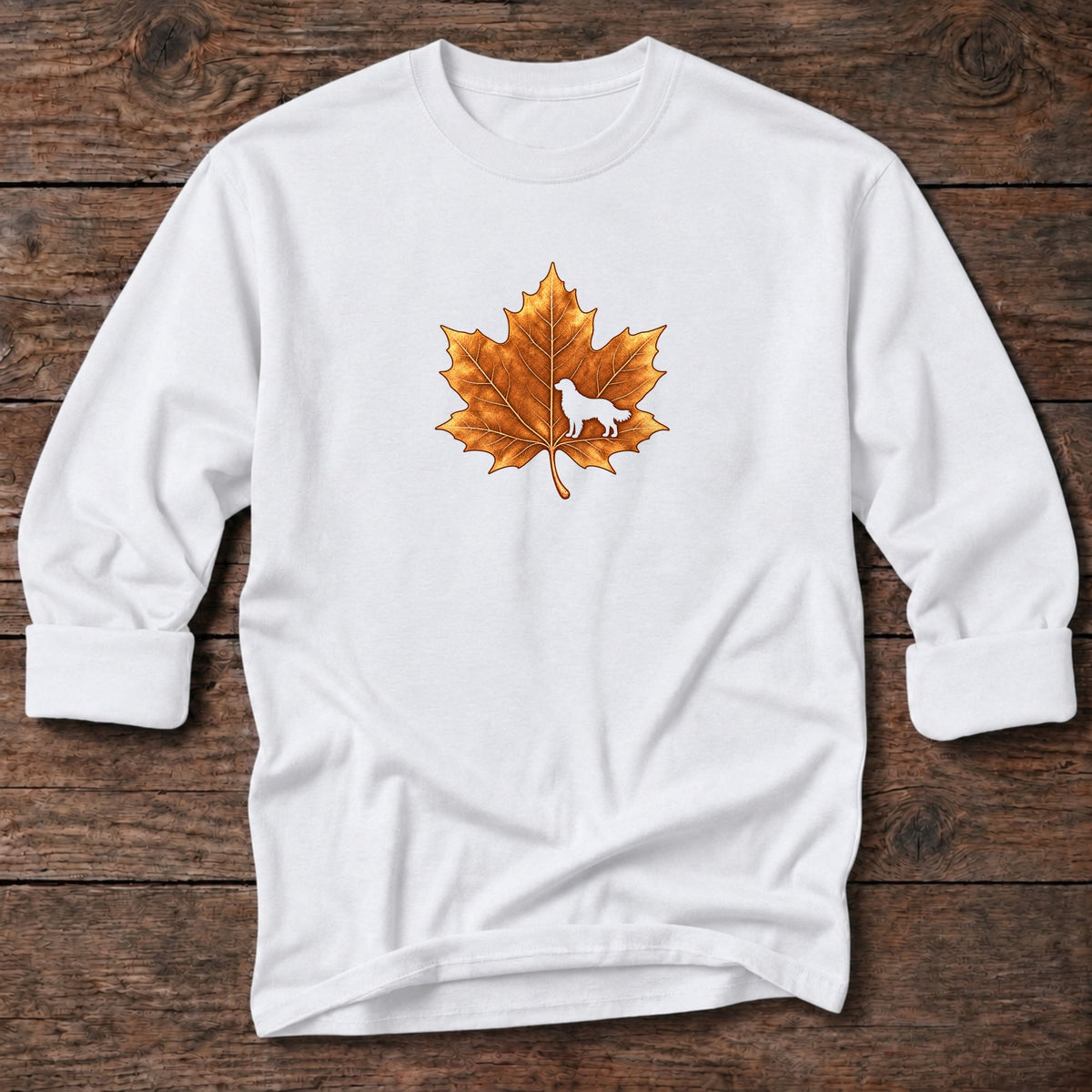 Maple Leaf Golden Retriever Long T-Shirt in White, Salty Paws coastal long sleeve tee