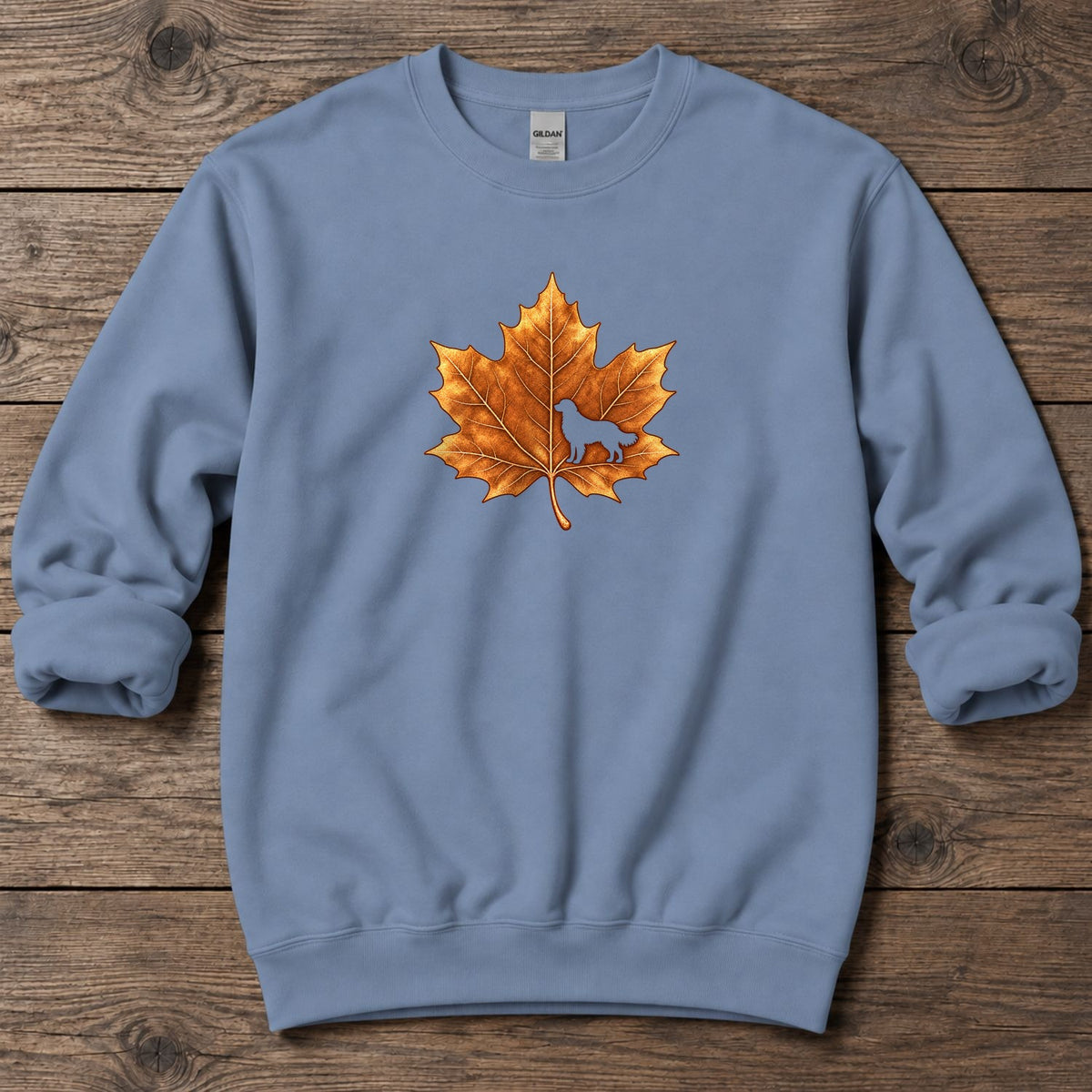 Maple Leaf Golden Retriever Midweight Sweatshirt in Stone Blue, Salty Paws coastal sweatshirt
