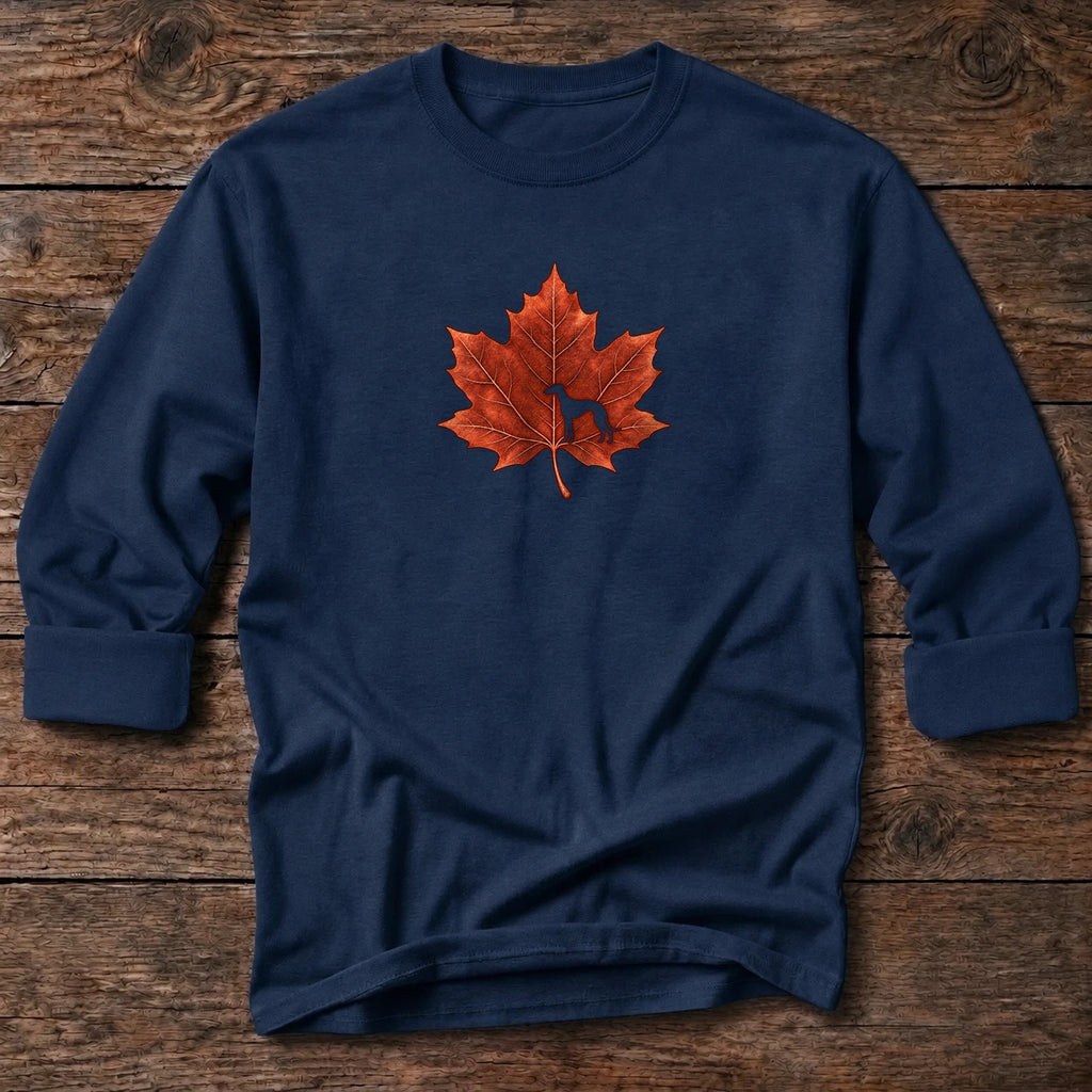 Maple Leaf Greyhound Long T-Shirt in Dark Navy, Salty Paws coastal long sleeve tee