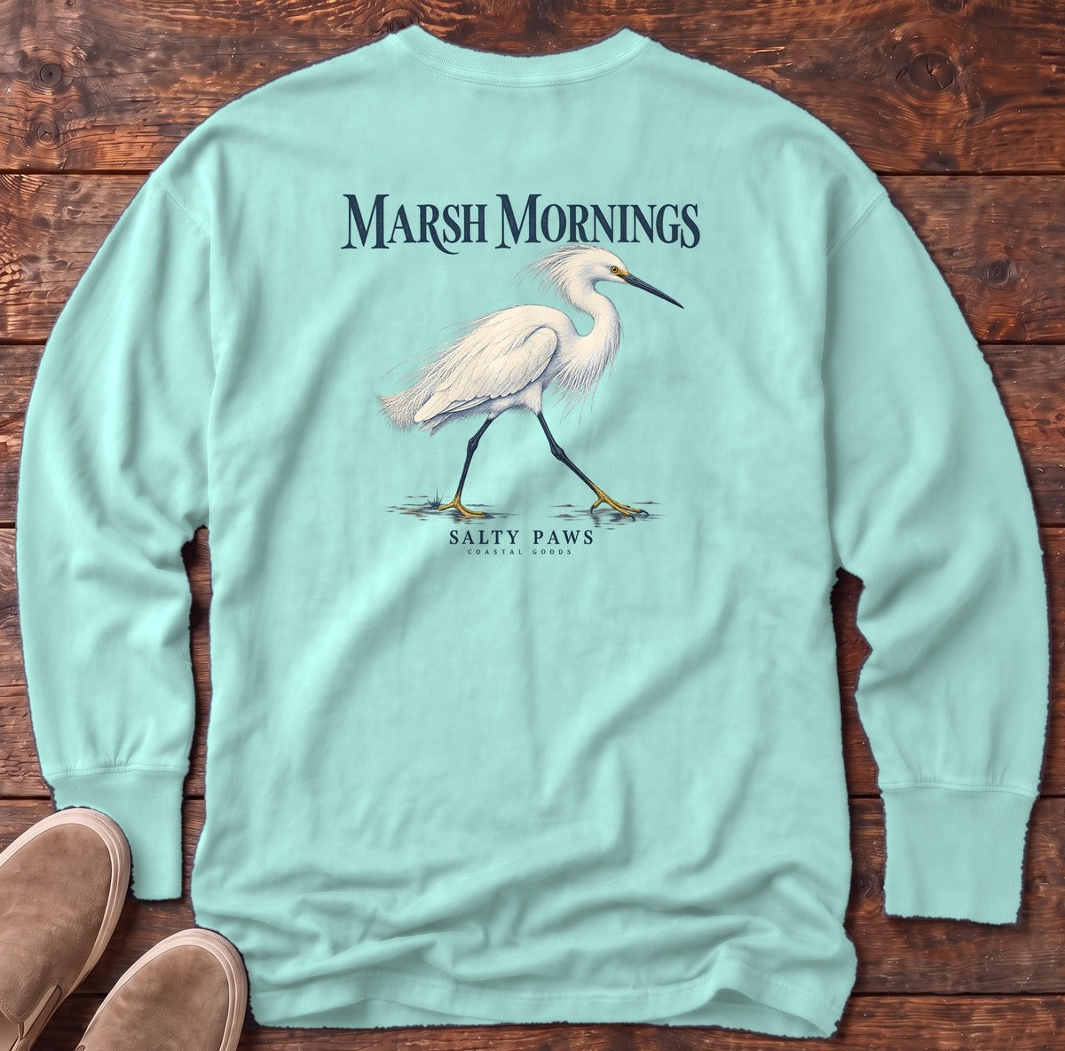 Marsh Mornings Snowy Egret Salty Paws Coastal Goods Back Design Long Sleeve Tee in Chalky Mint, Salty Paws Comfort Colors Long Sleeve Tee, back design flat lay