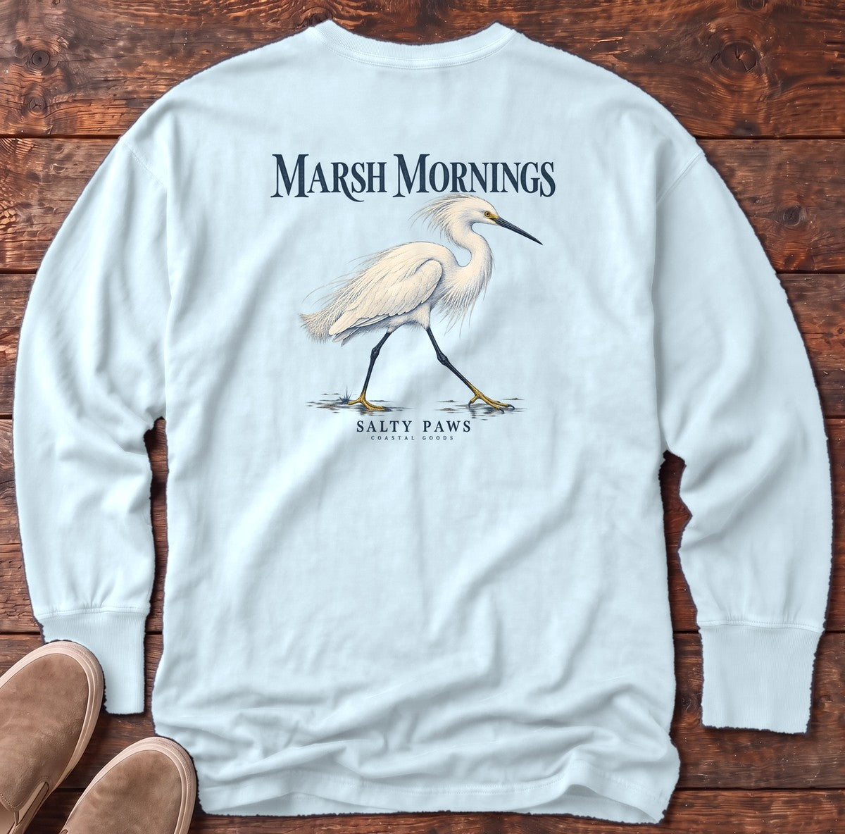 Marsh Mornings Snowy Egret Salty Paws Coastal Goods Back Design Long Sleeve Tee in Chambray, Salty Paws Comfort Colors Long Sleeve Tee, back design flat lay