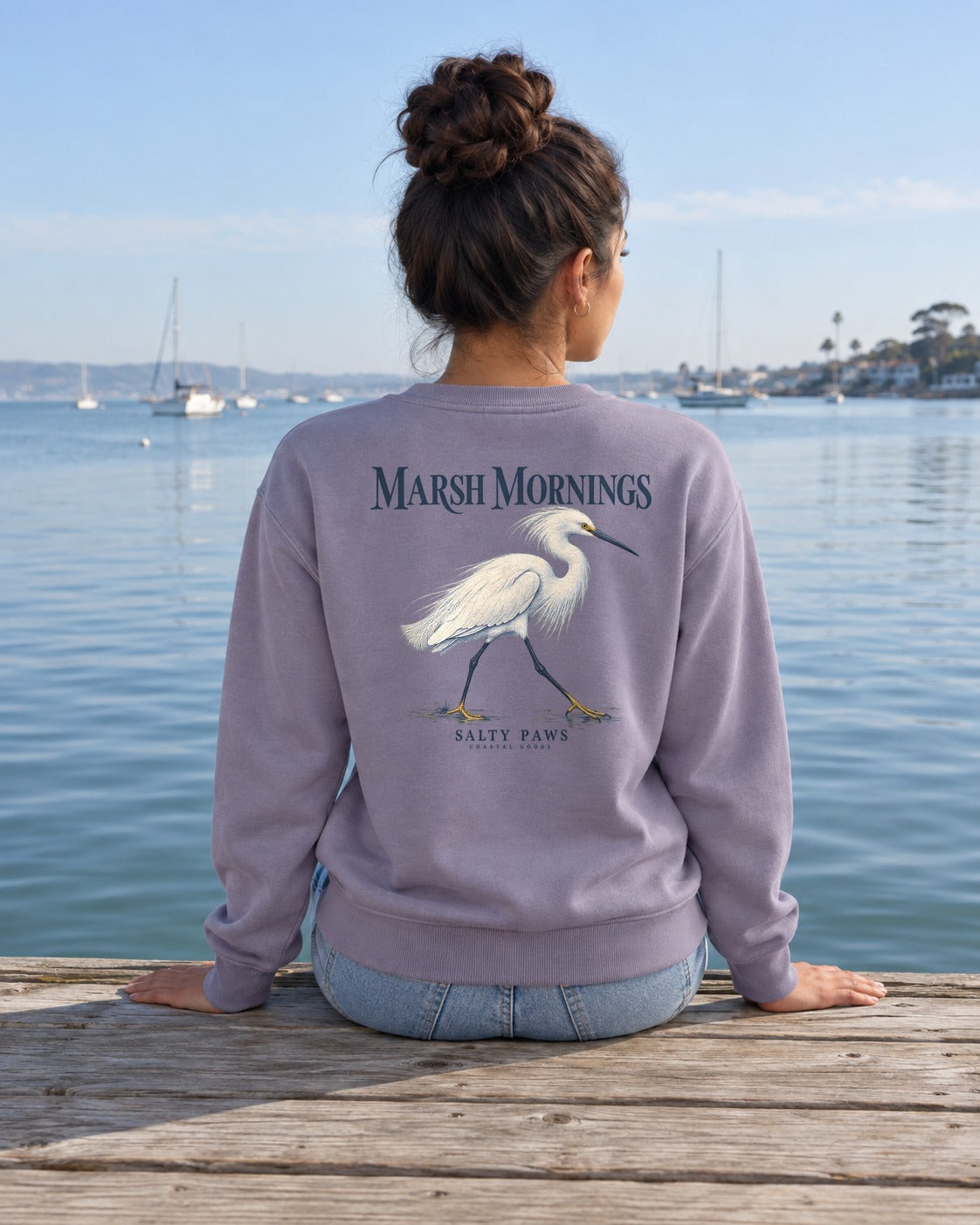 Marsh Mornings Snowy Egret Salty Paws Coastal Goods Back Design Midweight Sweatshirt in Paragon, worn by a model, Salty Paws back design