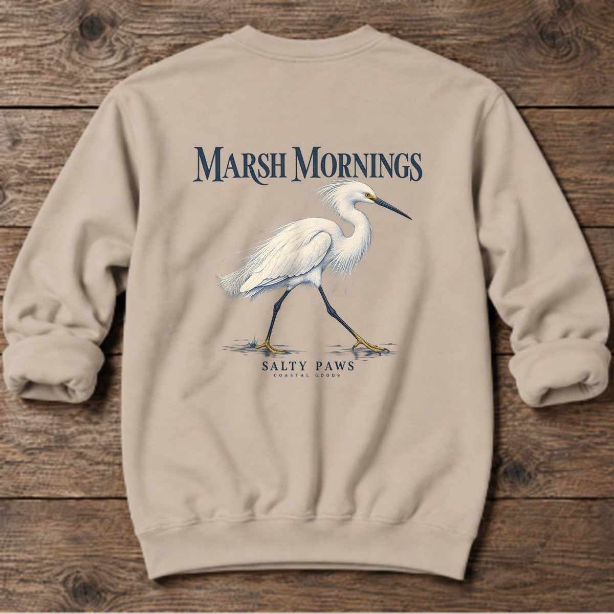 Marsh Mornings Snowy Egret Salty Paws Coastal Goods Back Design Midweight Sweatshirt in Sand, Salty Paws Midweight Sweatshirt, back design flat lay