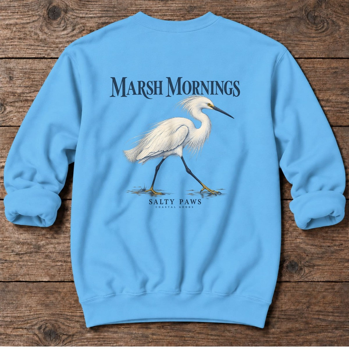 Marsh Mornings Snowy Egret Salty Paws Coastal Goods Back Design Midweight Sweatshirt in Sky, Salty Paws Midweight Sweatshirt, back design flat lay
