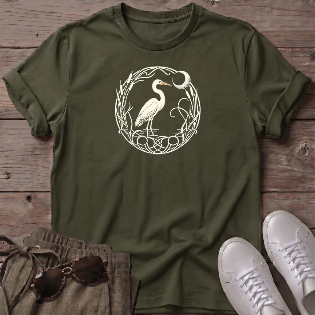 Egret Moon T-Shirt — Beach Line Art Tee - coastal bird graphic t-shirt, Salty Paws