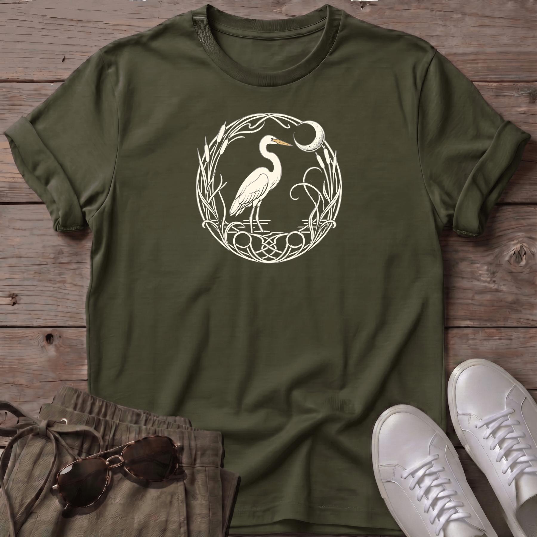 Egret Moon T-Shirt — Beach Line Art Tee - coastal bird graphic t-shirt, Salty Paws