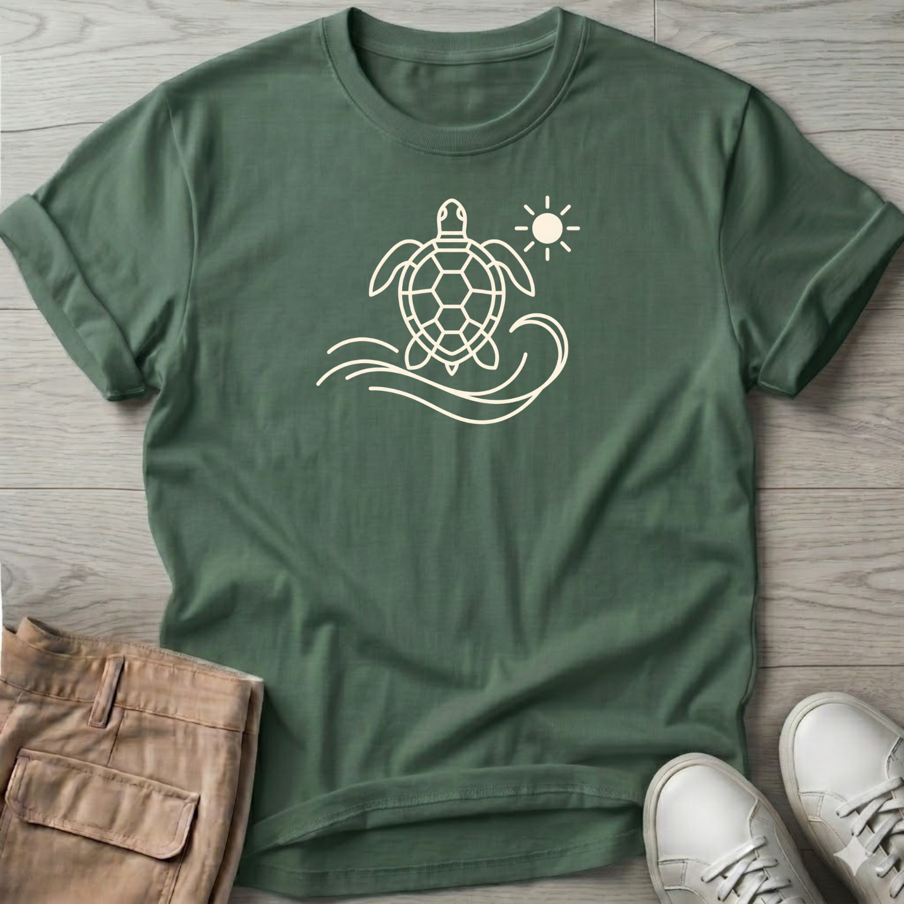 Sea Turtle Beach Ocean Line Art Tee