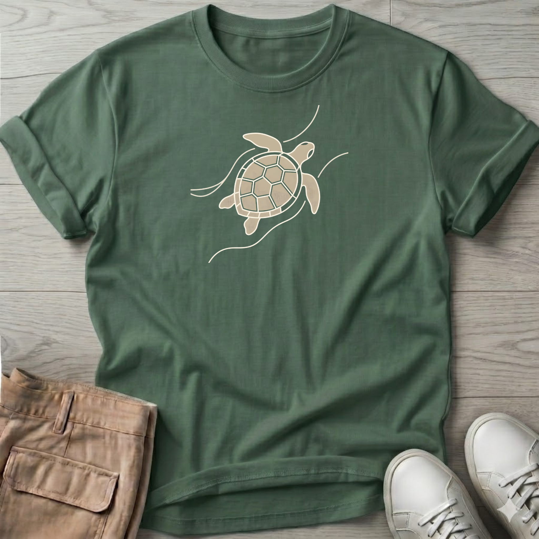 Sea Turtle Waves Beach Ocean Line Art Tee