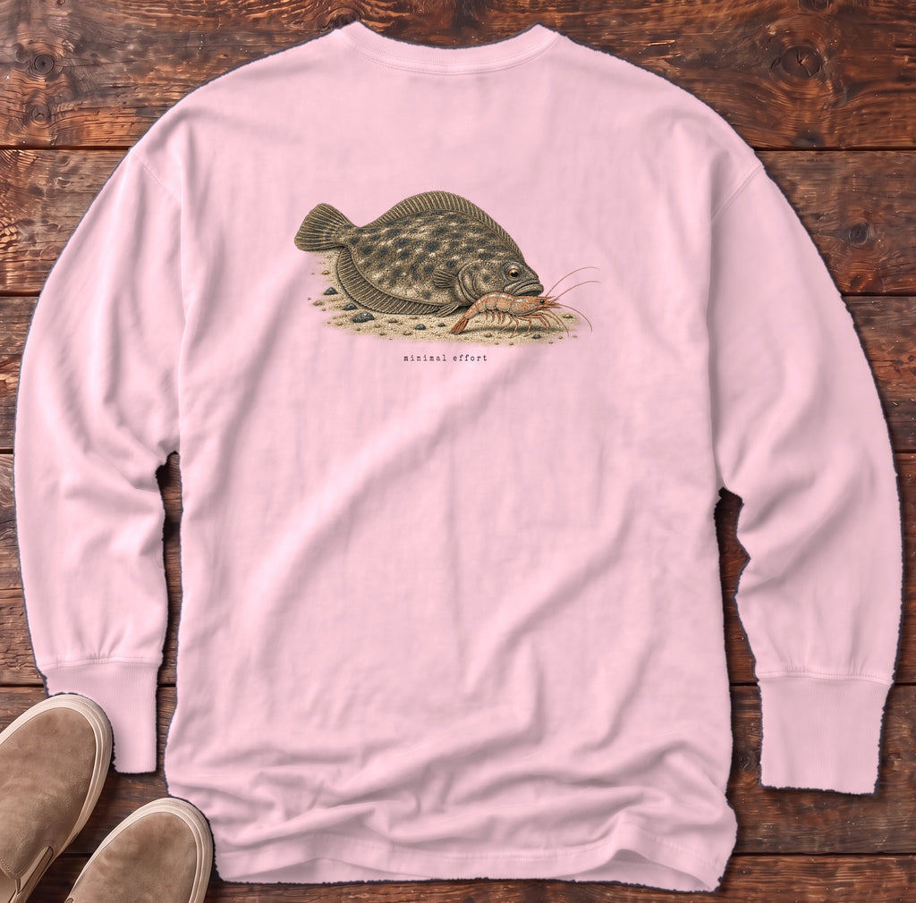 Minimal Effort Flounder Back Design Long Sleeve Tee Comfort Colors in Blossom, Salty Paws Comfort Colors Long Sleeve Tee, back design flat lay