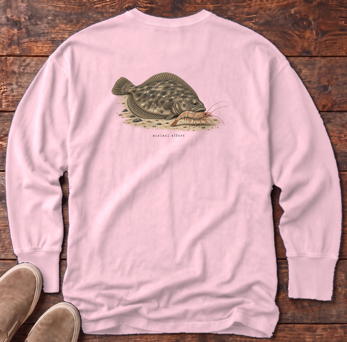 Minimal Effort Flounder Back Design Long Sleeve Tee Comfort Colors in Blossom, Salty Paws Comfort Colors Long Sleeve Tee, back design flat lay