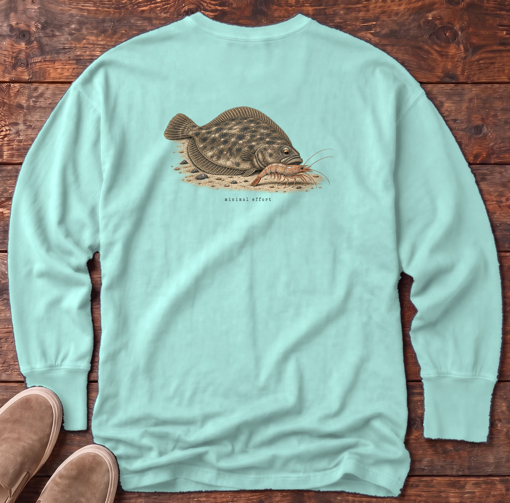 Minimal Effort Flounder Back Design Long Sleeve Tee Comfort Colors in Chalky Mint, Salty Paws Comfort Colors Long Sleeve Tee, back design flat lay