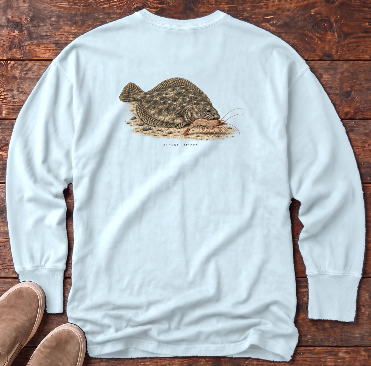Minimal Effort Flounder Back Design Long Sleeve Tee Comfort Colors in Chambray, Salty Paws Comfort Colors Long Sleeve Tee, back design flat lay