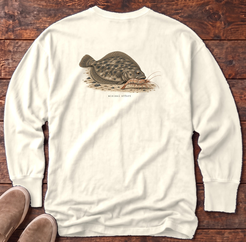 Minimal Effort Flounder Back Design Long Sleeve Tee Comfort Colors in Ivory, Salty Paws Comfort Colors Long Sleeve Tee, back design flat lay