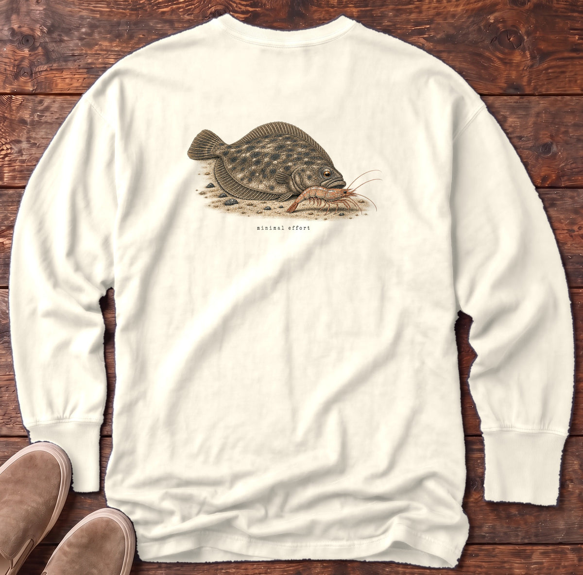 Minimal Effort Flounder Back Design Long Sleeve Tee Comfort Colors in Ivory, Salty Paws Comfort Colors Long Sleeve Tee, back design flat lay