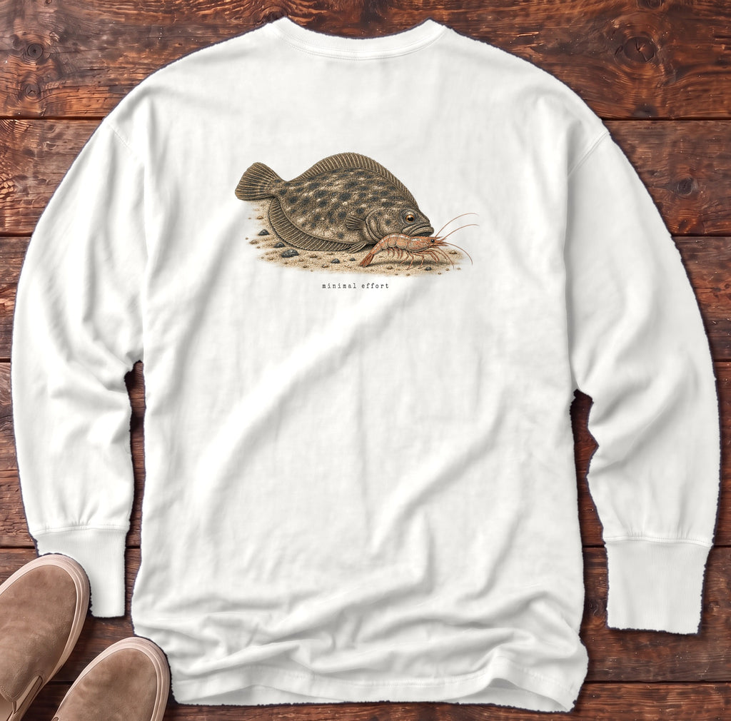 Minimal Effort Flounder Back Design Long Sleeve Tee Comfort Colors in White, Salty Paws Comfort Colors Long Sleeve Tee, back design flat lay