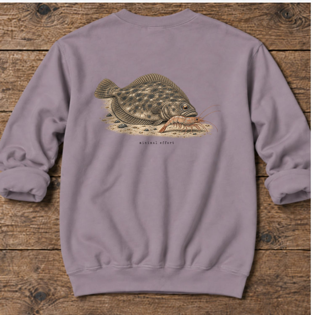 Minimal Effort Flounder Back Design Midweight Sweatshirt in Paragon, Salty Paws Midweight Sweatshirt, back design flat lay