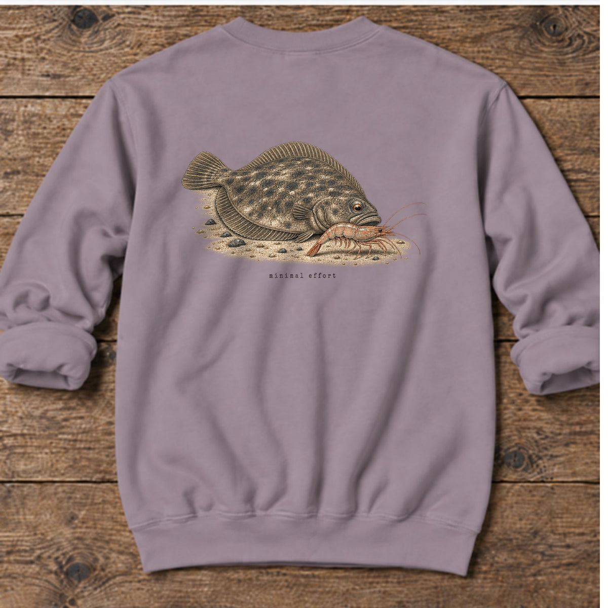 Minimal Effort Flounder Back Design Midweight Sweatshirt in Paragon, Salty Paws Midweight Sweatshirt, back design flat lay