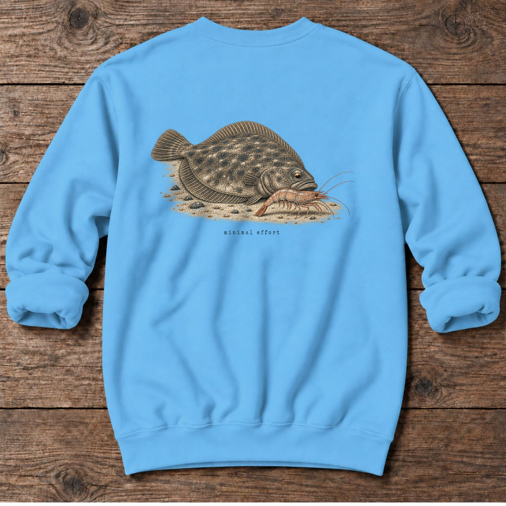 Minimal Effort Flounder Back Design Midweight Sweatshirt in Sky, Salty Paws Midweight Sweatshirt, back design flat lay