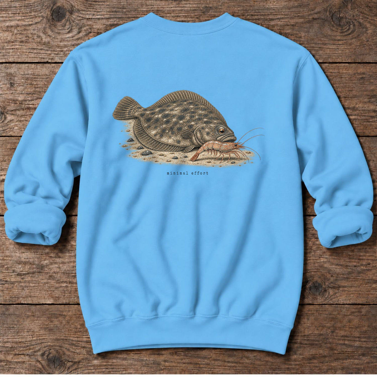 Minimal Effort Flounder Back Design Midweight Sweatshirt in Sky, Salty Paws Midweight Sweatshirt, back design flat lay