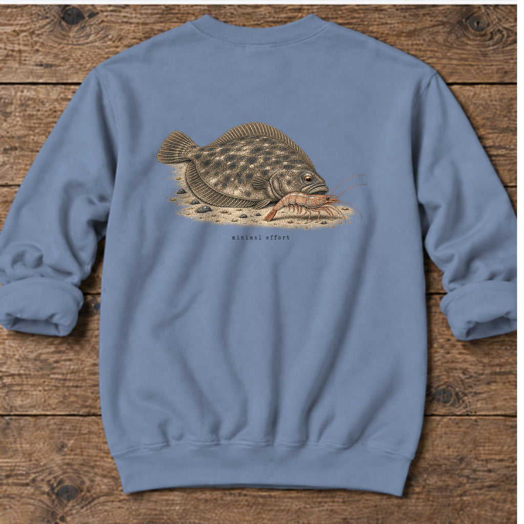 Minimal Effort Flounder Back Design Midweight Sweatshirt in Stone Blue, Salty Paws Midweight Sweatshirt, back design flat lay