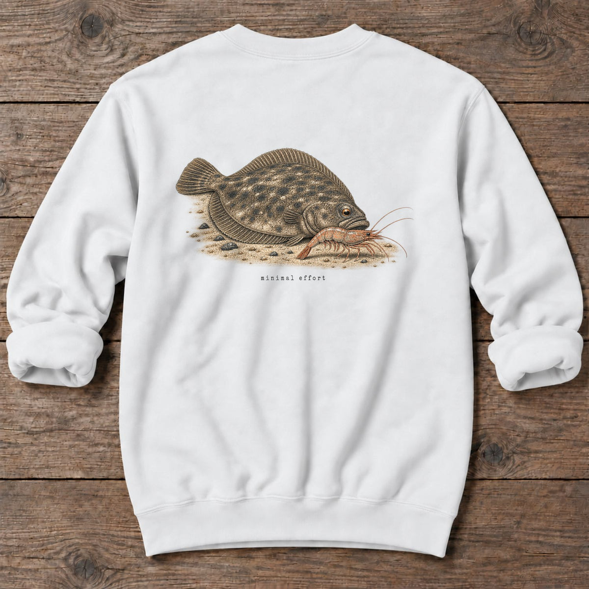 Minimal Effort Flounder Back Design Midweight Sweatshirt in White, Salty Paws Midweight Sweatshirt, back design flat lay