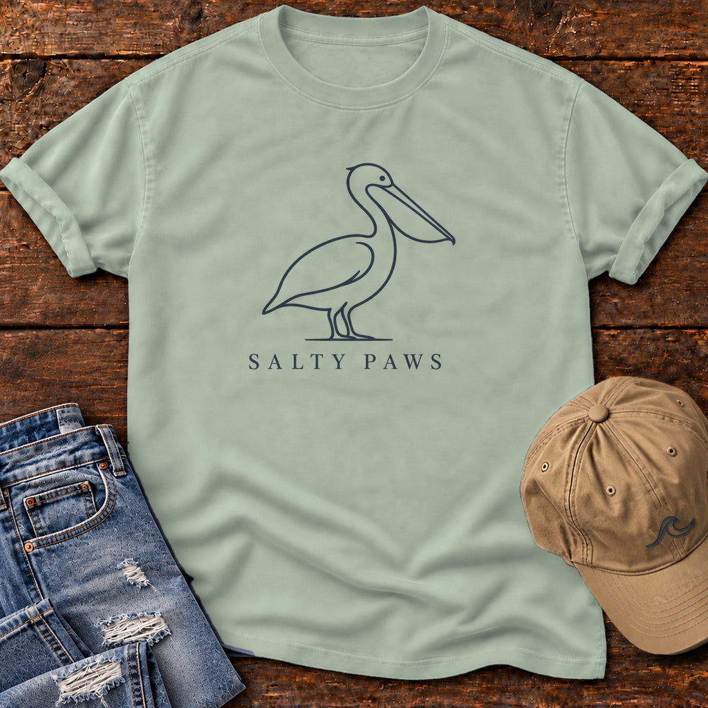 Minimal Pelican Salty Paws T-Shirt in Bay, Salty Paws Comfort Colors T-Shirt, front design flat lay
