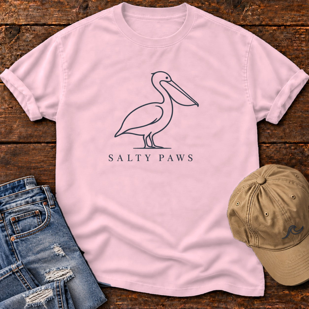 Minimal Pelican Salty Paws T-Shirt in Blossom, Salty Paws Comfort Colors T-Shirt, front design flat lay