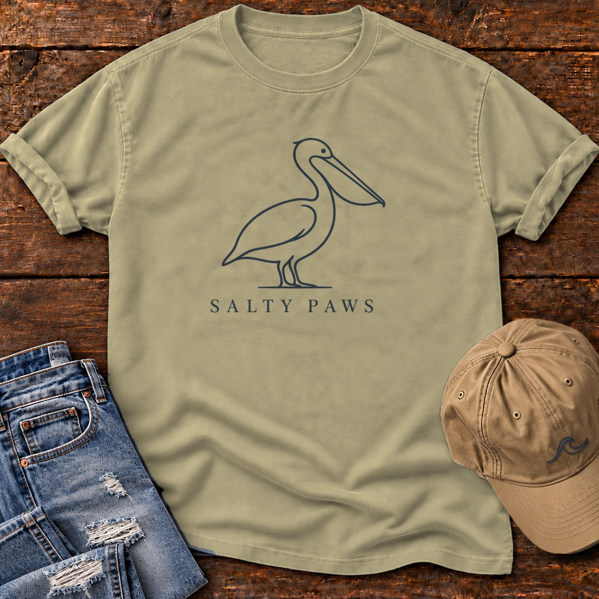 Minimal Pelican Salty Paws T-Shirt in Khaki, Salty Paws Comfort Colors T-Shirt, front design flat lay