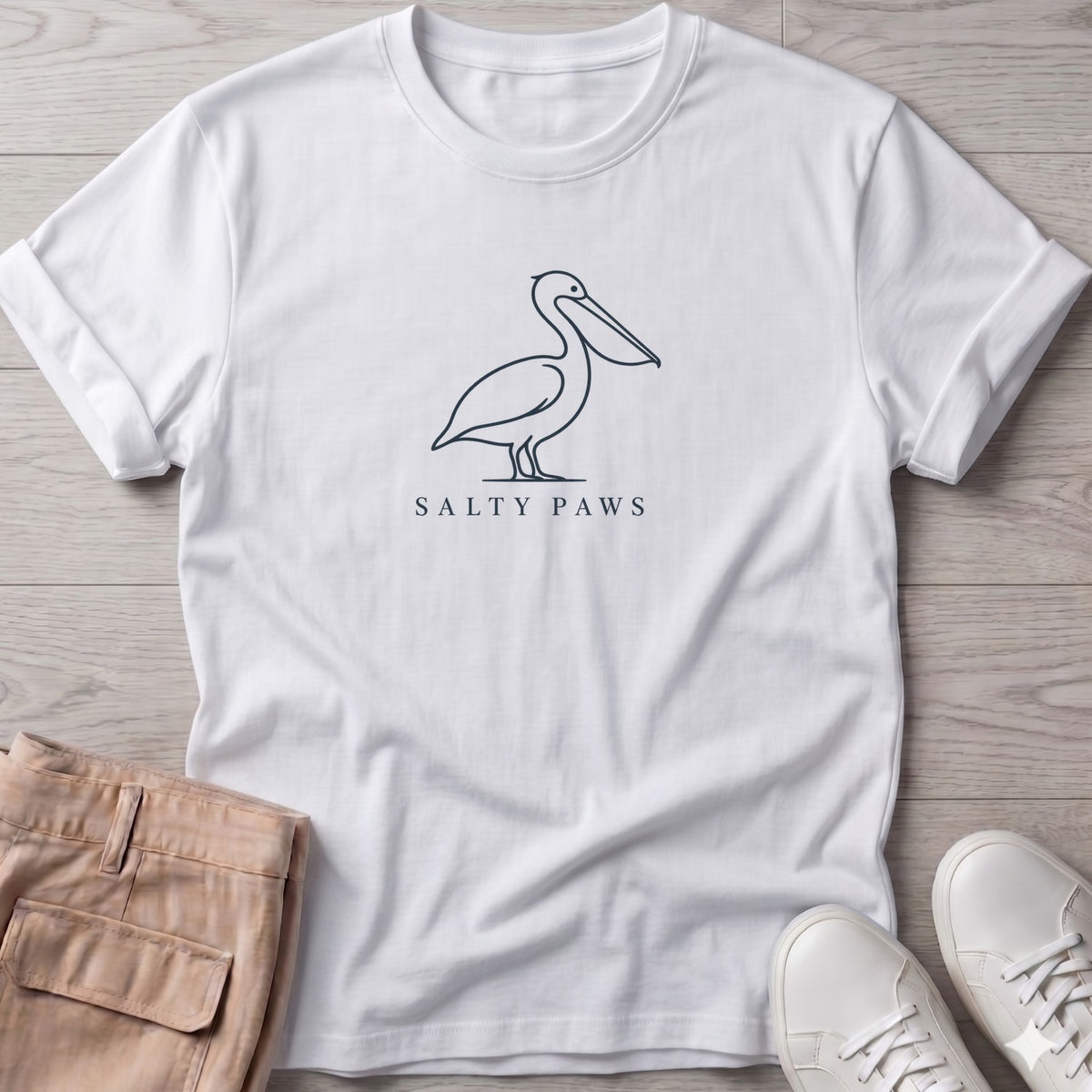 Minimal Pelican Salty Paws T-Shirt in White, Salty Paws Soft Style T-Shirt, front design flat lay