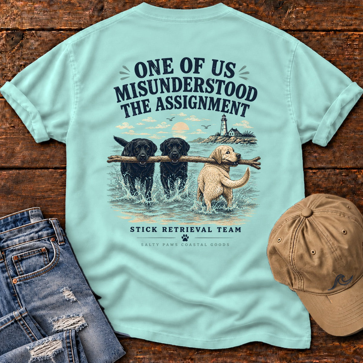 One of Us Misunderstood the Assignment Comfort Colors T-Shirt in Chalky Mint, back design flat lay